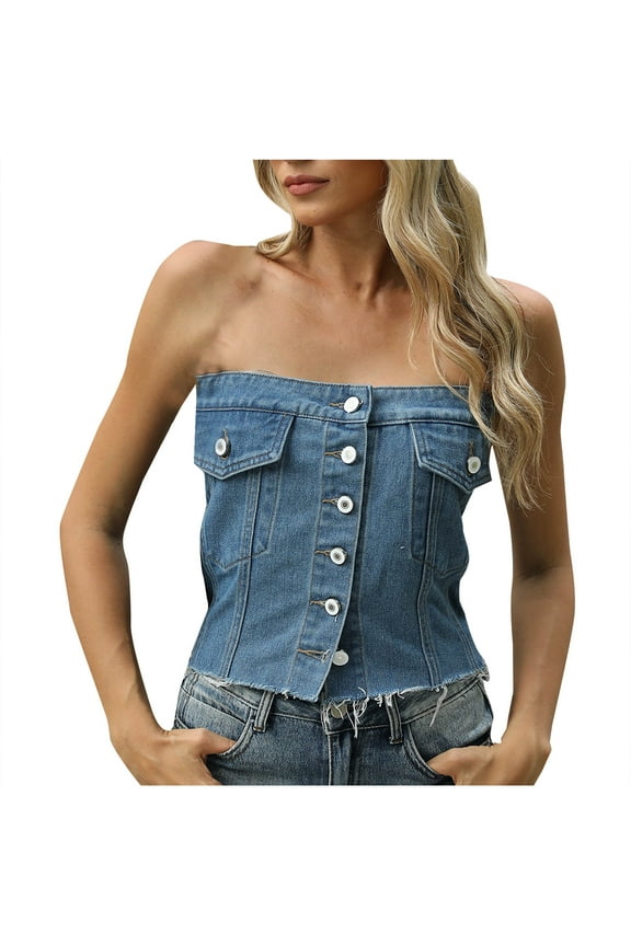Hinvhai Women Denim Corset Top Button Front Bustier Y2K Bandeau Denim Vest Strapless Sleeveless Slim Crop Jean Tube Tops Sky Blue 8(L)