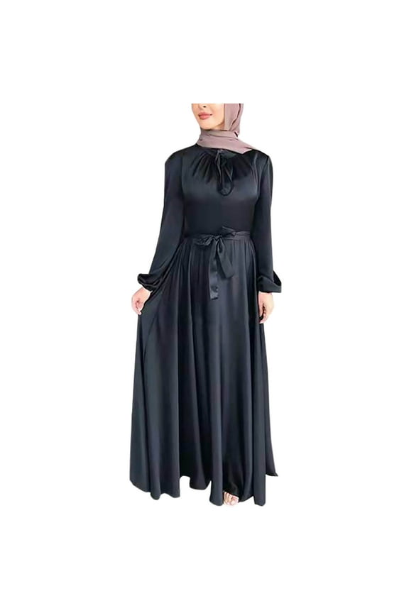 Women High Neck Long Sleeve Dress Solid Color Prayer Clothes Robe Black 8(L)