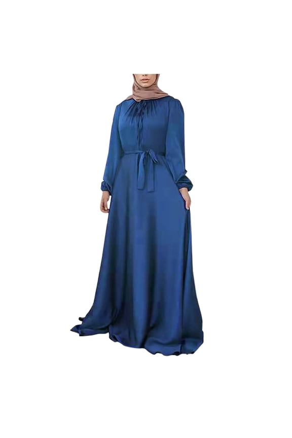 Women High Neck Long Sleeve Dress Solid Color Prayer Clothes Robe Blue 10(XL)