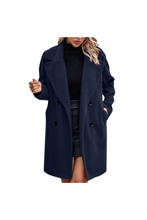 Women Long Sherpa Coat - Fuzzy Faux Trench Jackets Winter Fleece Button Cardigan with Pockets Dark Blue 6(M)