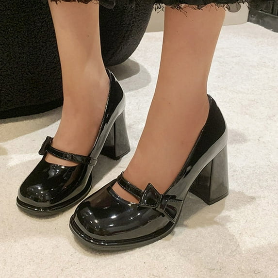 HaiMao Women Patent Leather Square Toe Mid Heel Loafer Chunky Block Heeled Shoes Black 6.5(38)