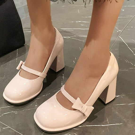 HaiMao Women Patent Leather Square Toe Mid Heel Loafer Chunky Block Heeled Shoes Pink 5.5(36)