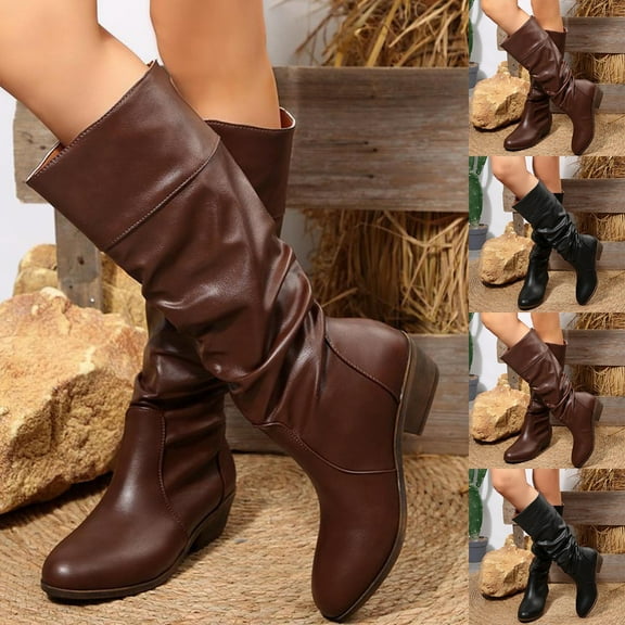 HaiMao Women Platform Round Toe Calf High Boots Chunky Block Low Heel Riding Boots Pull on Wide Calf Shoes Brown 9.5(43)