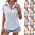 thumbnail image 1 of HaiMao Women Striped Button Down Shirts Cotton Linen Blouse Tops Short Sleeve Collar Guaze Shirt Trendy Vacation Work Clothes Yellow XL(XL), 1 of 8