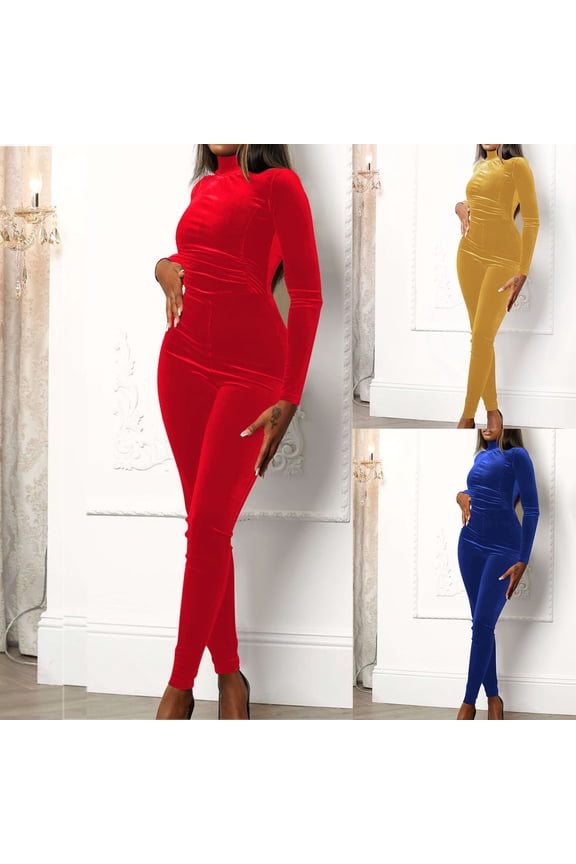 Women Velvet Jumpsuit Mock Neck Long Sleeve Bodycon Pants Jumpsuits One Piece Rompers Clubwear Yellow 4(S)
