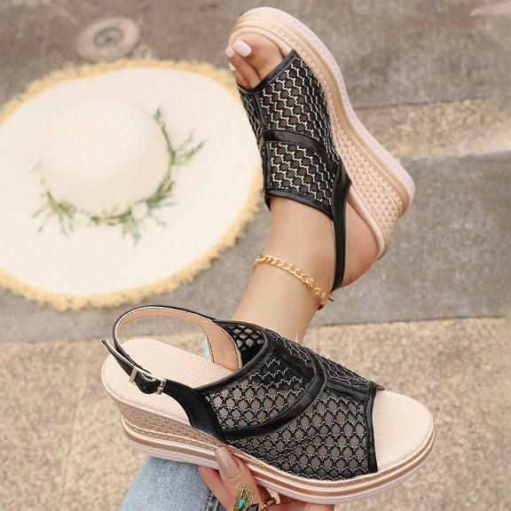 HaiMao Women Wedge Heel Cut-Out Sandals Clearance Vamp Peep Toe Slingback Women's Sandals Black 8.5(41)