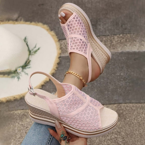 HaiMao Women Wedge Heel Cut-Out Sandals Clearance Vamp Peep Toe Slingback Women's Sandals Pink 7.5(40)