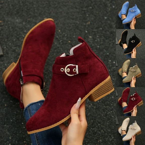 HaiMao Women’s Ankle Boots Low Heels Short Booties Casual Comfortable Chunky Boots Round Toe Wine 9.5(43)