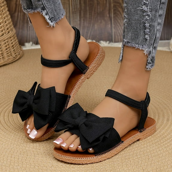 HaiMao Women's Bow Flat Sandals Dressy Open Toe Ankle Strap Summer Vacation Slides Shoes Black 8.5(41)