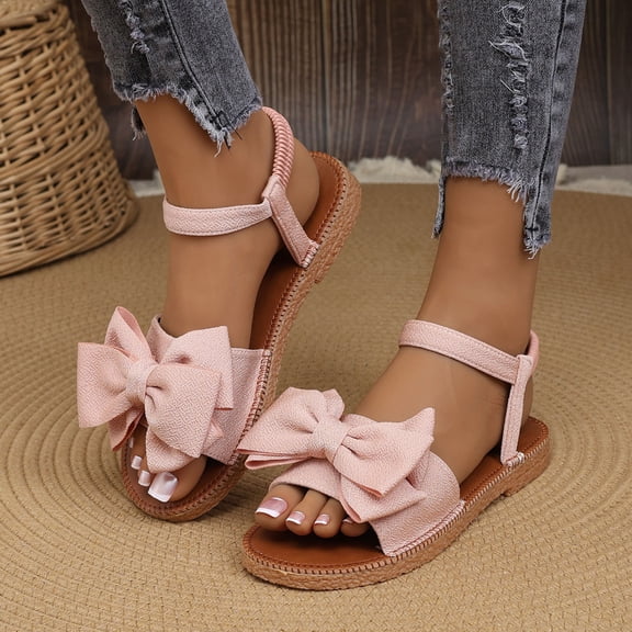 HaiMao Women's Bow Flat Sandals Dressy Open Toe Ankle Strap Summer Vacation Slides Shoes Pink 8.5(41)