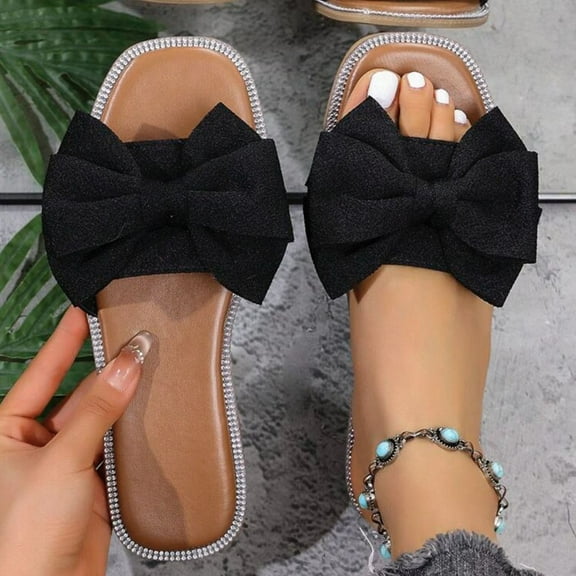HaiMao Women's Bow Sandals Fancy Open Toe Slip On Slide Sandals Black 9(42)