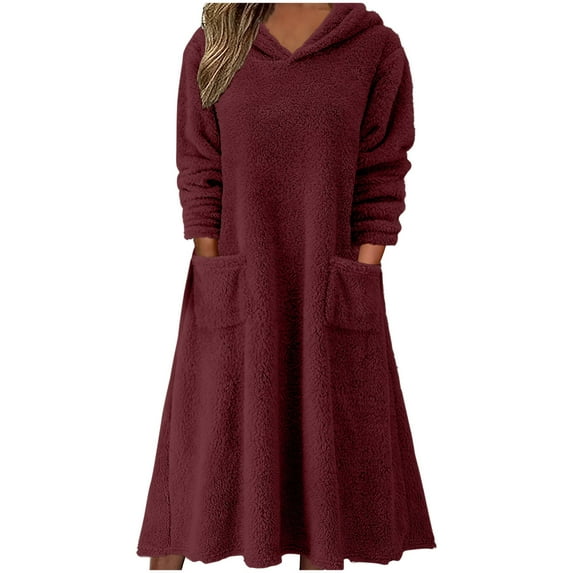 HaiMao Women's Casual Fluffy Granular Fleece Sherpa Hooded Dress Clearance Oversized Plush Fuzzy Pullover Coat with Pockets Wine 6(M)