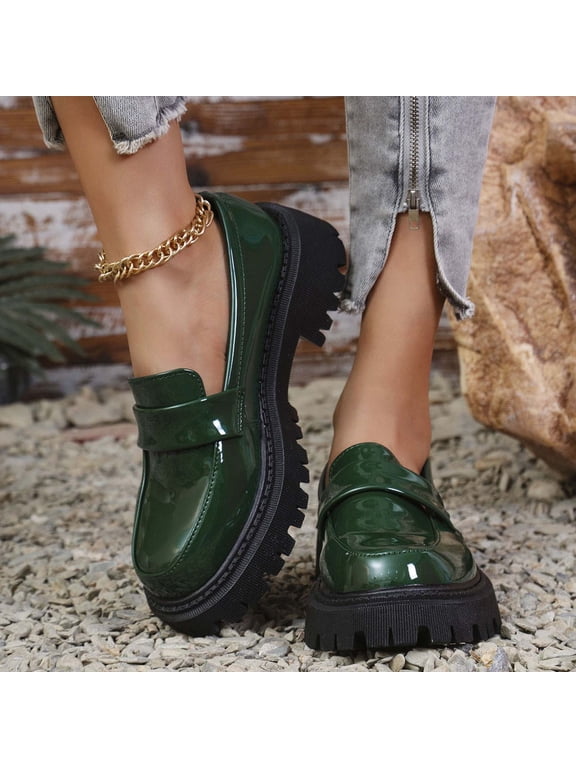 Women's Chunky Platform Loafer Patent Leather Penny Loafers Fashion office Shoes School Dress Shoes Comfort Slip-on Green 7(38)