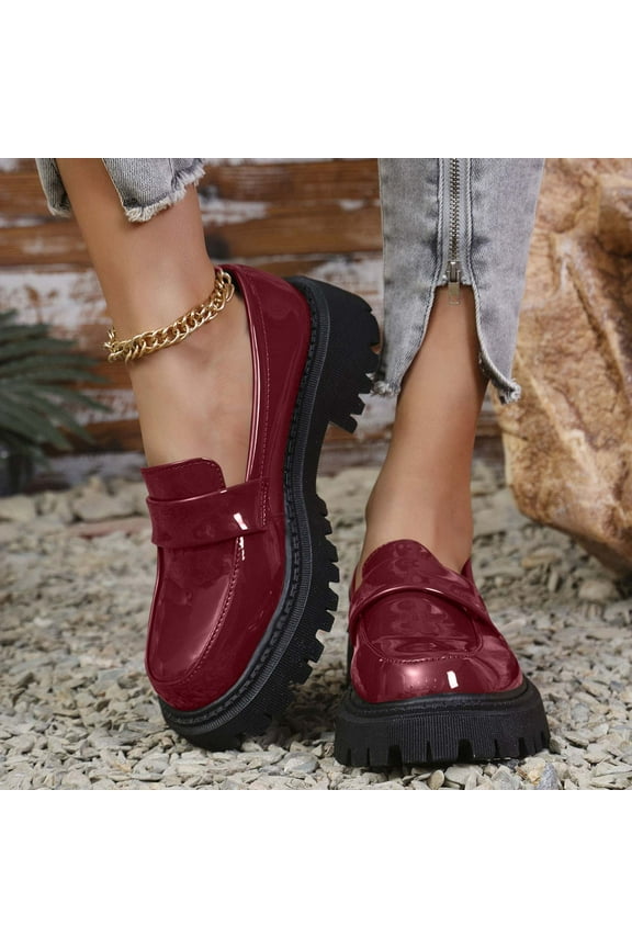 Women's Chunky Platform Loafer Clearance Patent Leather Penny Loafers Fashion office Shoes School Dress Shoes Comfort Slip-on Wine 6(36)