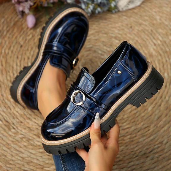 HaiMao Women's Chunky Platform Loafers with Buckle Leather Penny Loafers Fashion office Shoes School Dress Shoes Comfort Slip-on Dark Blue 7.5(40)