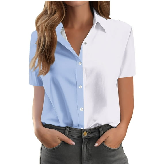 HaiMao Women's Colorblock Button Up Shirt Clearance Two Tone Collared Short Sleeve Blouse Top Light Blue L(L)
