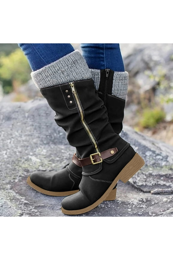 HaiMao Women's Cowboy Boots Pull On Cowgirl Boots Mid Calf Western Boots Black 7(39)