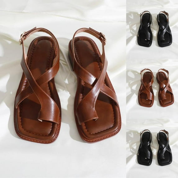 Hinvhai Women's Criss Cross Strappy Sandals Open Toe Thong Sandals Beach Summer Sandals Brown 7.5(40)