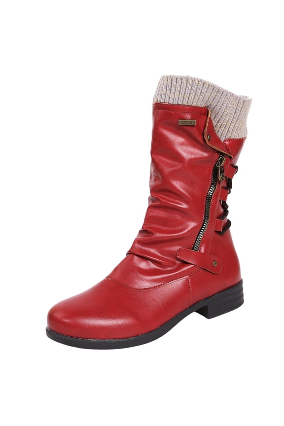 HaiMao Women's Extra Wide Calf Knee High Boots Clearance,Wide Width Slouchy Knee-High Boots Low Stacked Heel Winter Fall Plus Size Boots Red 8.5(41)