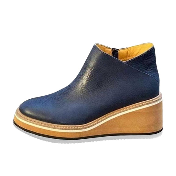 HaiMao Women's Fashion Leather Boots Clearance,Ankle-High Booties,Slip-On Design,Cushioned Low Platform,Wedge Heel Comfort Blue 9(42)