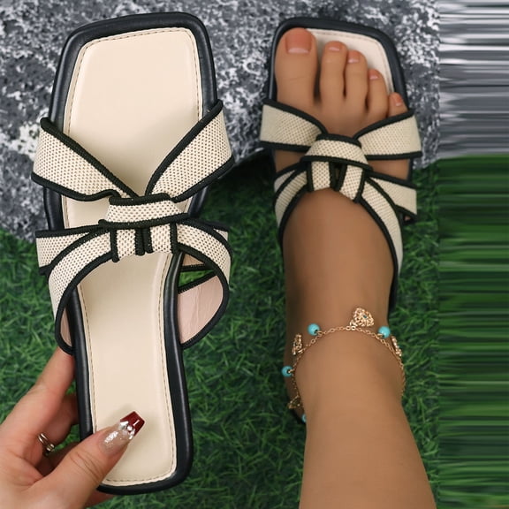 HaiMao Women's Flat Sandals Square Toe Slide Sandals Braided Sandals for Vacation Black 8.5(41)