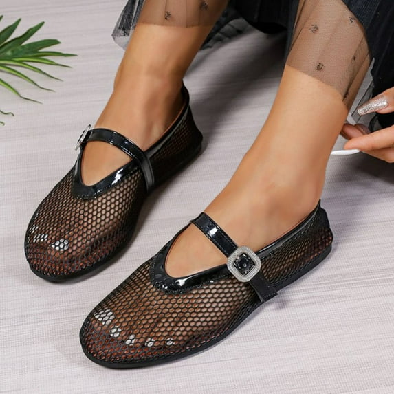 Hinvhai Women's Flats Mesh Ballet Flats Round Toe Buckle Strap Comfortable Causal Dress Flats Shoes Black 6(37)