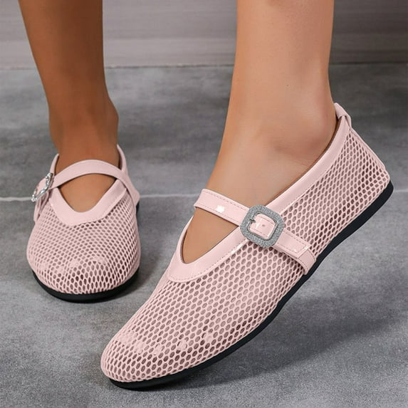 HaiMao Women's Flats Mesh Ballet Flats Round Toe Buckle Strap Comfortable Causal Dress Flats Shoes Pink 5.5(36)