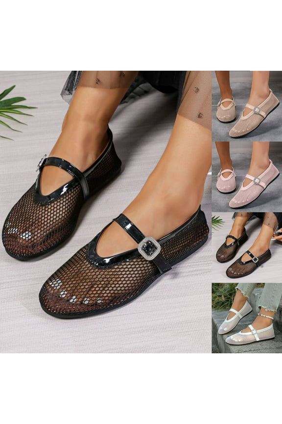 Hinvhai Women's Flats Mesh Ballet Flats Round Toe Buckle Strap Comfortable Causal Dress Flats Shoes White 9(43)