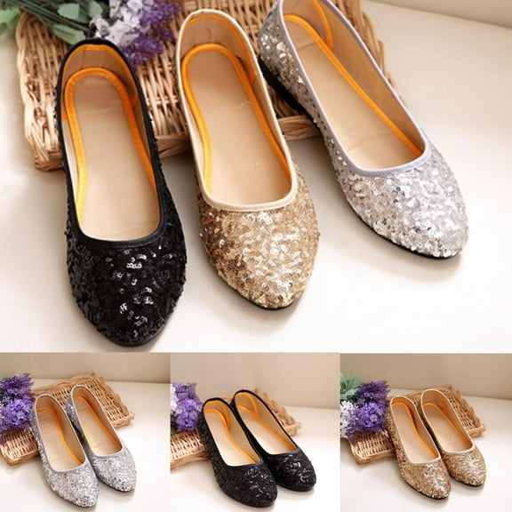 HaiMao Women's Flats Shoes Rhinestone Ballet Flat Shoes Clearance Sparkly Embellished Party Comfortable Round Toe Ballerina Walking Flats Shoes Silver 8(39)