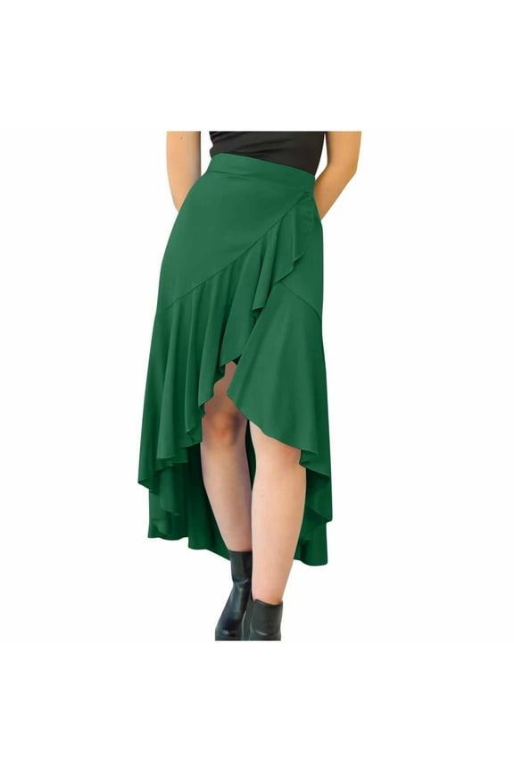 Women's High Waist Wrap Ruffle Hem Asymmetric Skirt High Low Flowy Midi Skirt Green M(M)