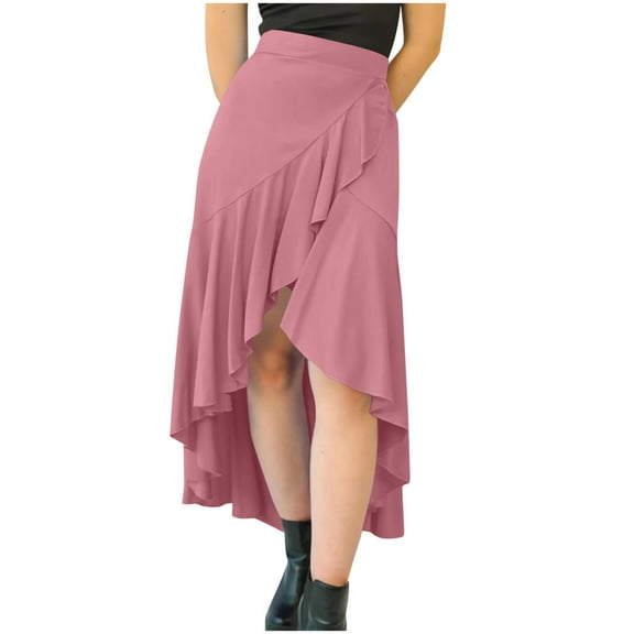 HaiMao Women's High Waist Wrap Ruffle Hem Asymmetric Skirt High Low Flowy Midi Skirt Pink XL(XL)
