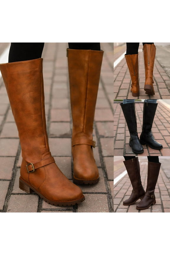 Women's Knee High Boots - Stylish and Comfortable Round Toe Flat Tall Casual Riding Combat Boots with Side Zipper Closure for Fall and Winter Wear for Women Coffee 9.5(43)