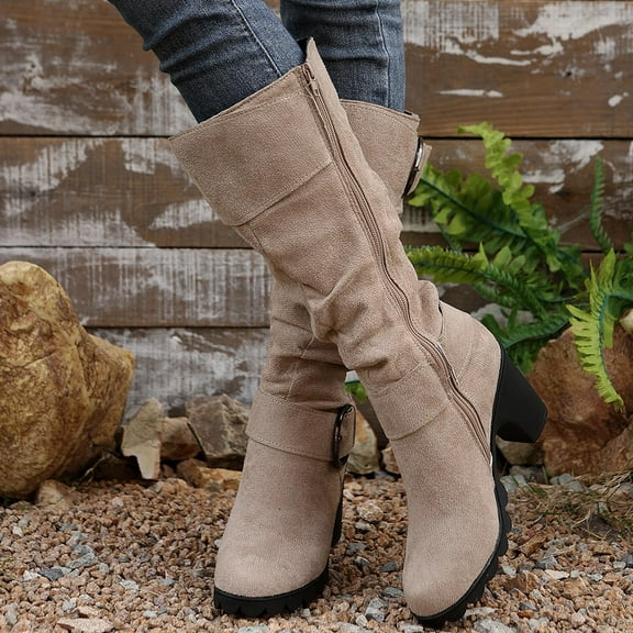 HaiMao Women's Knee High Boots Fashion Chunky Block Heel Warm Winter Boots Beige 9(42)