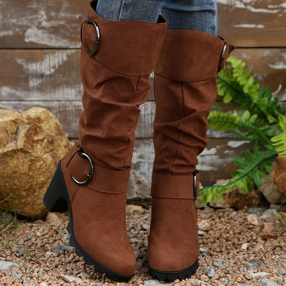 HaiMao Women's Knee High Boots Fashion Chunky Block Heel Warm Winter Boots Brown 6.5(38)