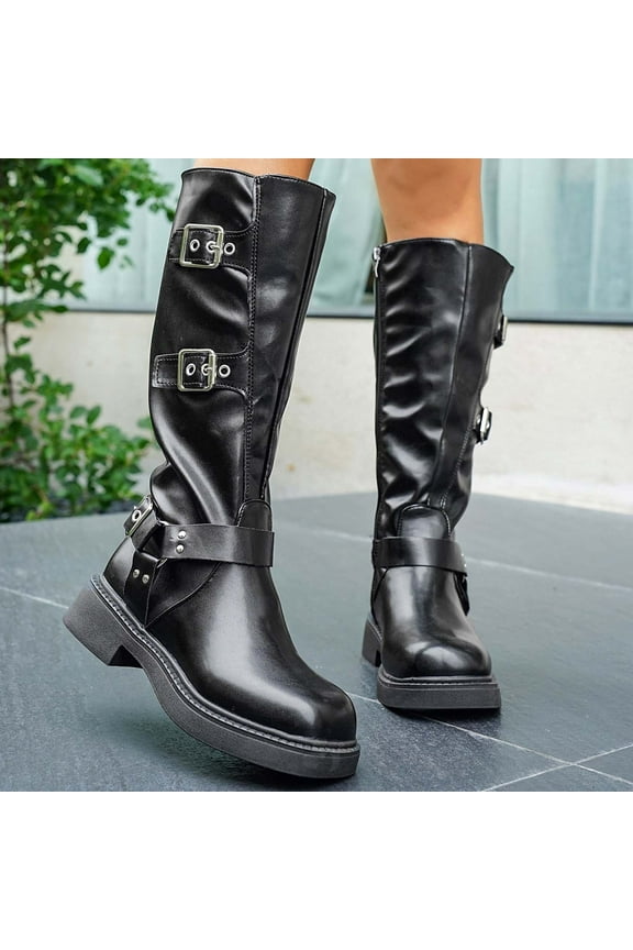Women's Knee High Riding Boots Fashion Buckle Square Toe Chunky Heel Wide Calf Biker Boots Black 5.5(36)