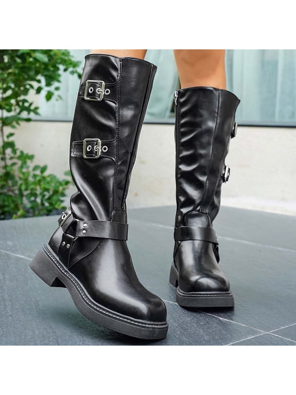 Women's Knee High Riding Boots Fashion Buckle Square Toe Chunky Heel Wide Calf Biker Boots Black 7(39)