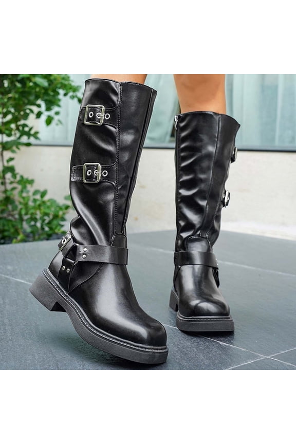 Women's Knee High Riding Boots Fashion Buckle Square Toe Chunky Heel Wide Calf Biker Boots Black 7(39)
