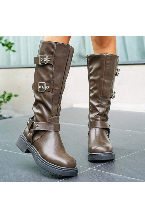 Women's Knee High Riding Boots Fashion Buckle Square Toe Chunky Heel Wide Calf Biker Boots Coffee 6(37)