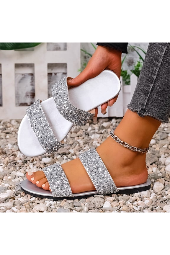 Women's Leather Rhinestone Slippers Two Strap Open Toe Slip on Flat Sandals Silver 6(37)