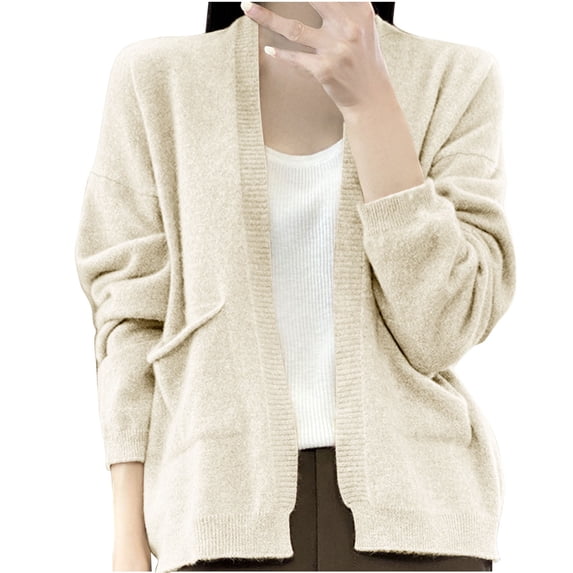 Hinvhai Women's Long Sleeve Cropped Cardigan Sweater Open Front Short Shrugs Cardigans Lightweight Sweaters Beige XXL