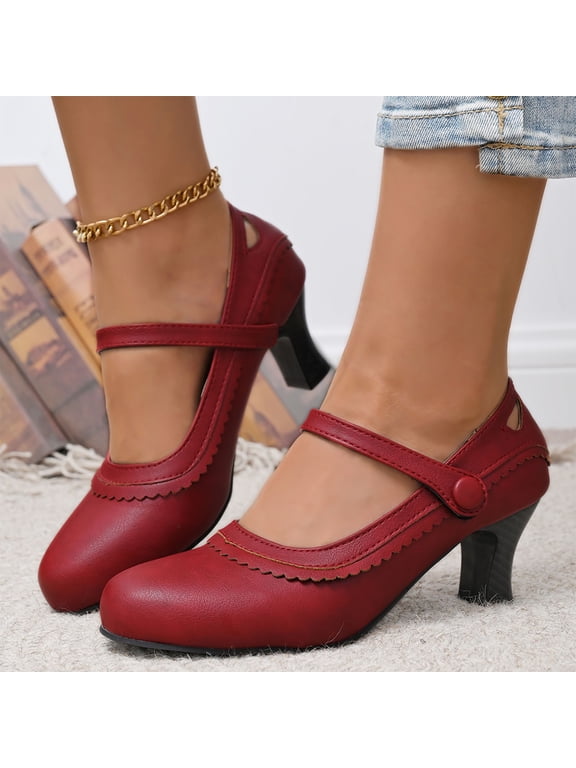 Women's Mary Jane High Heels Shoes Ladies Pointed Closed Toe Ankle Strap Dress Pumps Red 8.5(41)