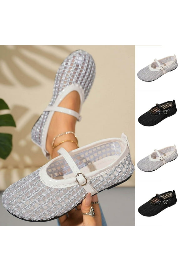Women's Mesh Ballet Flats with Buckle - Round Toe Fishnet Mary Jane Shoes - Breathable Comfort Daily Casual Dress Shoes Silver 9.5(43)