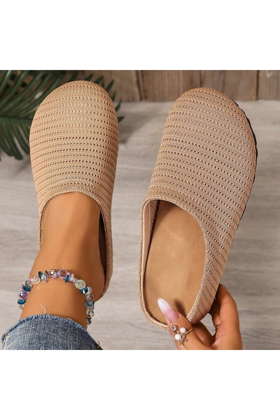 Women's Mesh Breathable Flat Mule Shoes Closed Round Toe Knit Backless Slip On Softsole Lightweight Walking Shoes for Vacation Work Khaki 6.5(38)