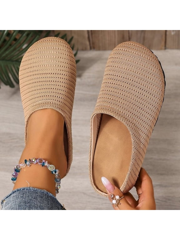 Women's Mesh Breathable Flat Mule Shoes Closed Round Toe Knit Backless Slip On Softsole Lightweight Walking Shoes for Vacation Work Khaki 7.5(40)