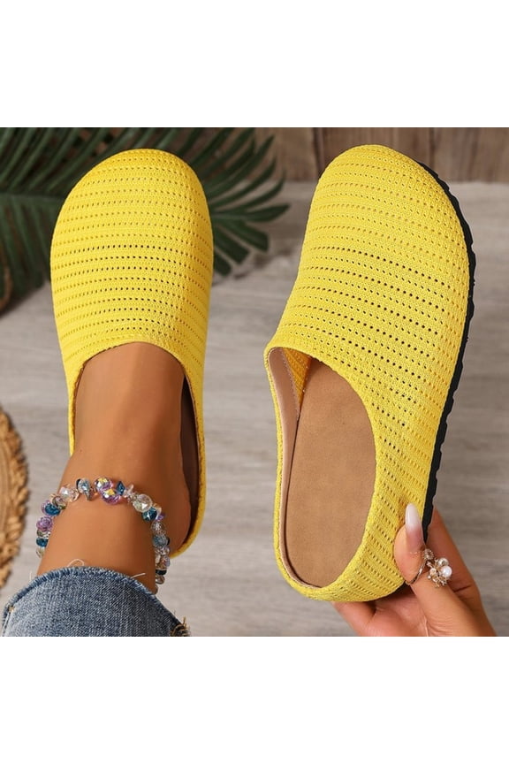 Women's Mesh Breathable Flat Mule Shoes Closed Round Toe Knit Backless Slip On Softsole Lightweight Walking Shoes for Vacation Work Yellow 6.5(38)