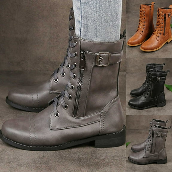 HaiMao Women's Mid Calf Boots ,Round Toe Comfort Low Heel Slouchy Dress Booties with Buckle Strap Side Zipper Gray 11(43)