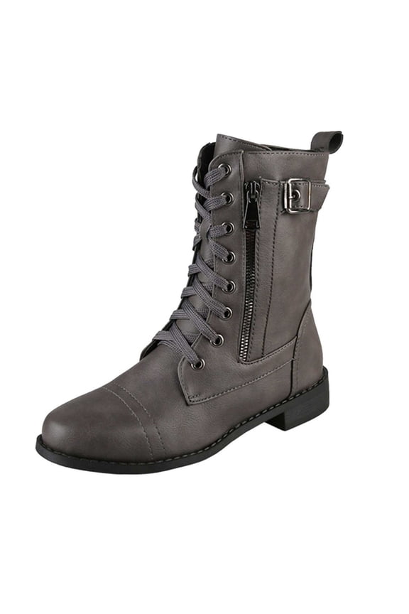 Women's Mid Calf Boots ,Round Toe Comfort Low Heel Slouchy Dress Booties with Buckle Strap Side Zipper Gray 4(35)