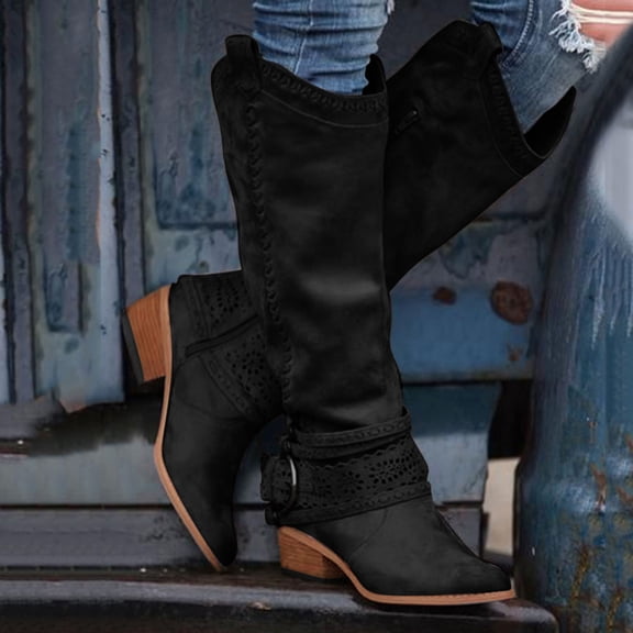 HaiMao Women's Mid Calf Boots Clearance Slouchy Round Toe Flat Low Heel Riding Boots Black 9(42)