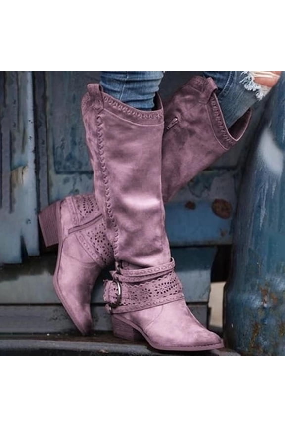 Women's Mid Calf Boots Slouchy Round Toe Flat Low Heel Riding Boots Purple 8.5(41)