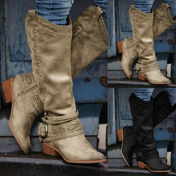 Hinvhai Women's Mid Calf Boots Slouchy Round Toe Flat Low Heel Riding Boots Purple 9.5(43)